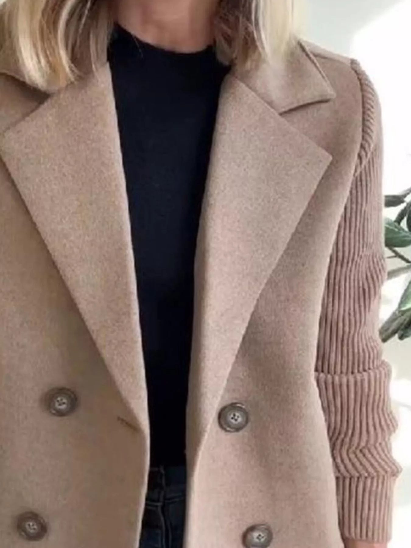 Full Size Knitted Sleeve Wool Blend Double-Breasted Blazer Plus Size Brown