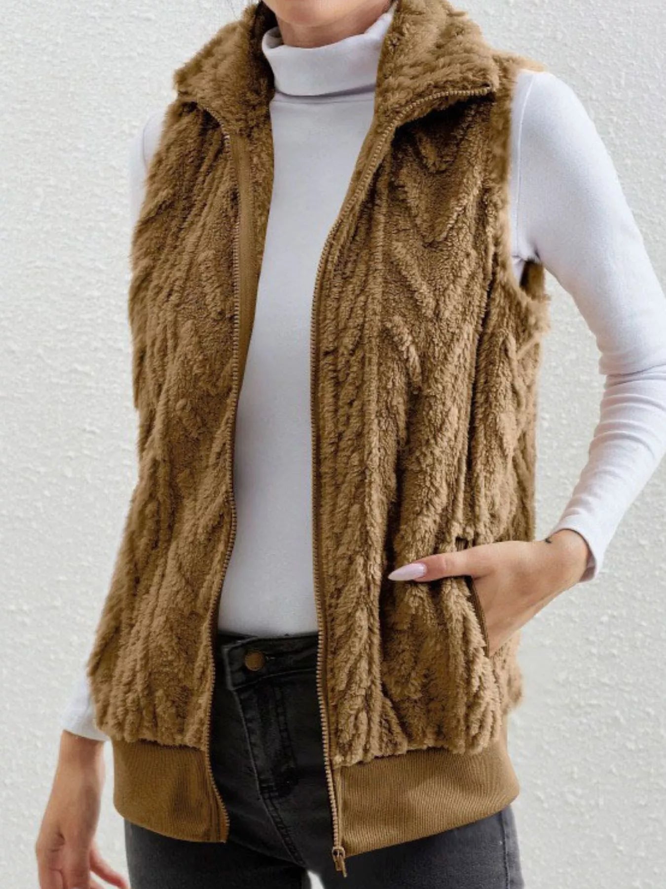 Full Size Cozy Faux Fur Zip-Up Vest Coat Plus Size Camel