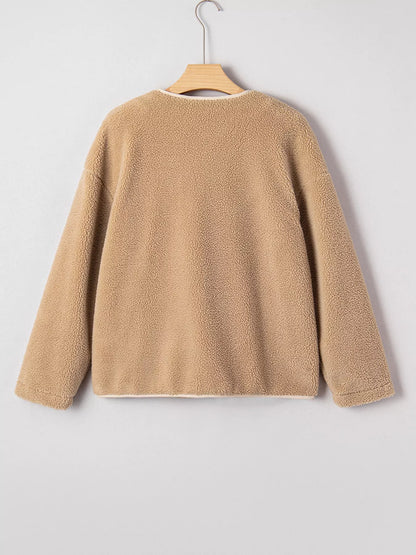 Casual Leopard Print Accent Plush Jacket with Pockets