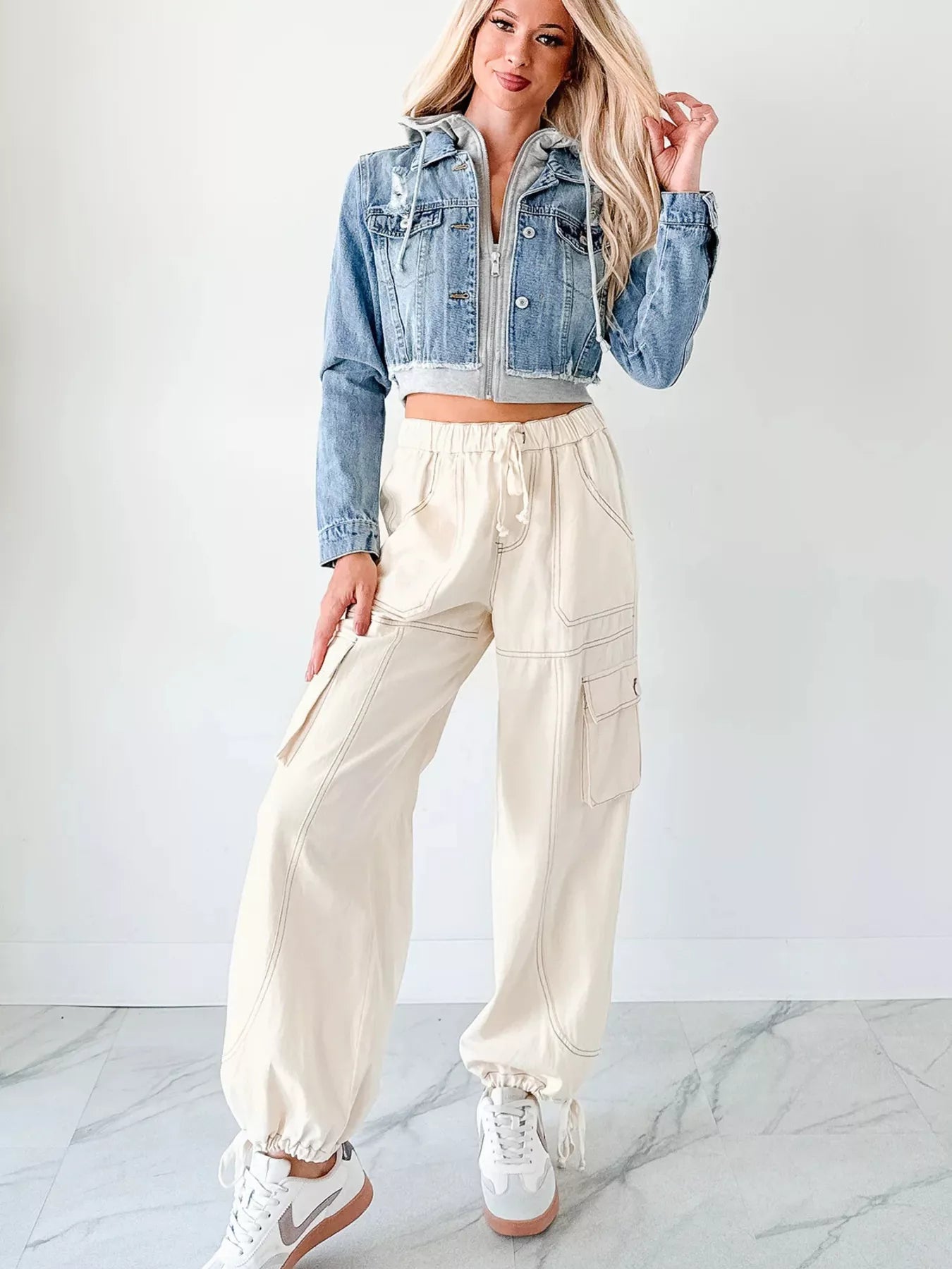 Distressed Zip Up Cropped Hooded Denim Jacket