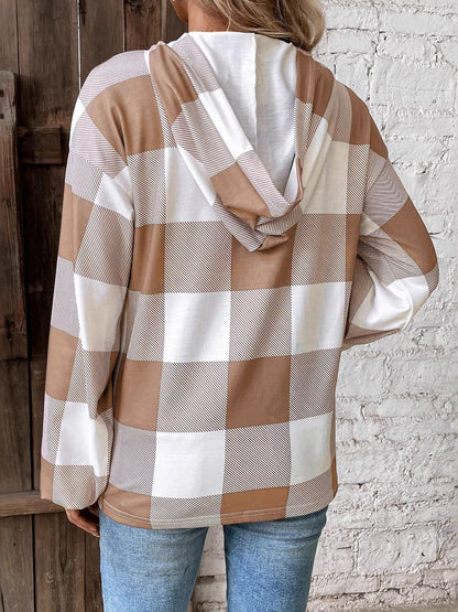 Casual Plaid Button Detail Hoodie