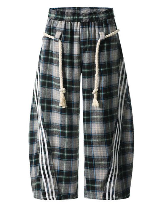 Plaid Casual Pants with Side Stripes French Blue