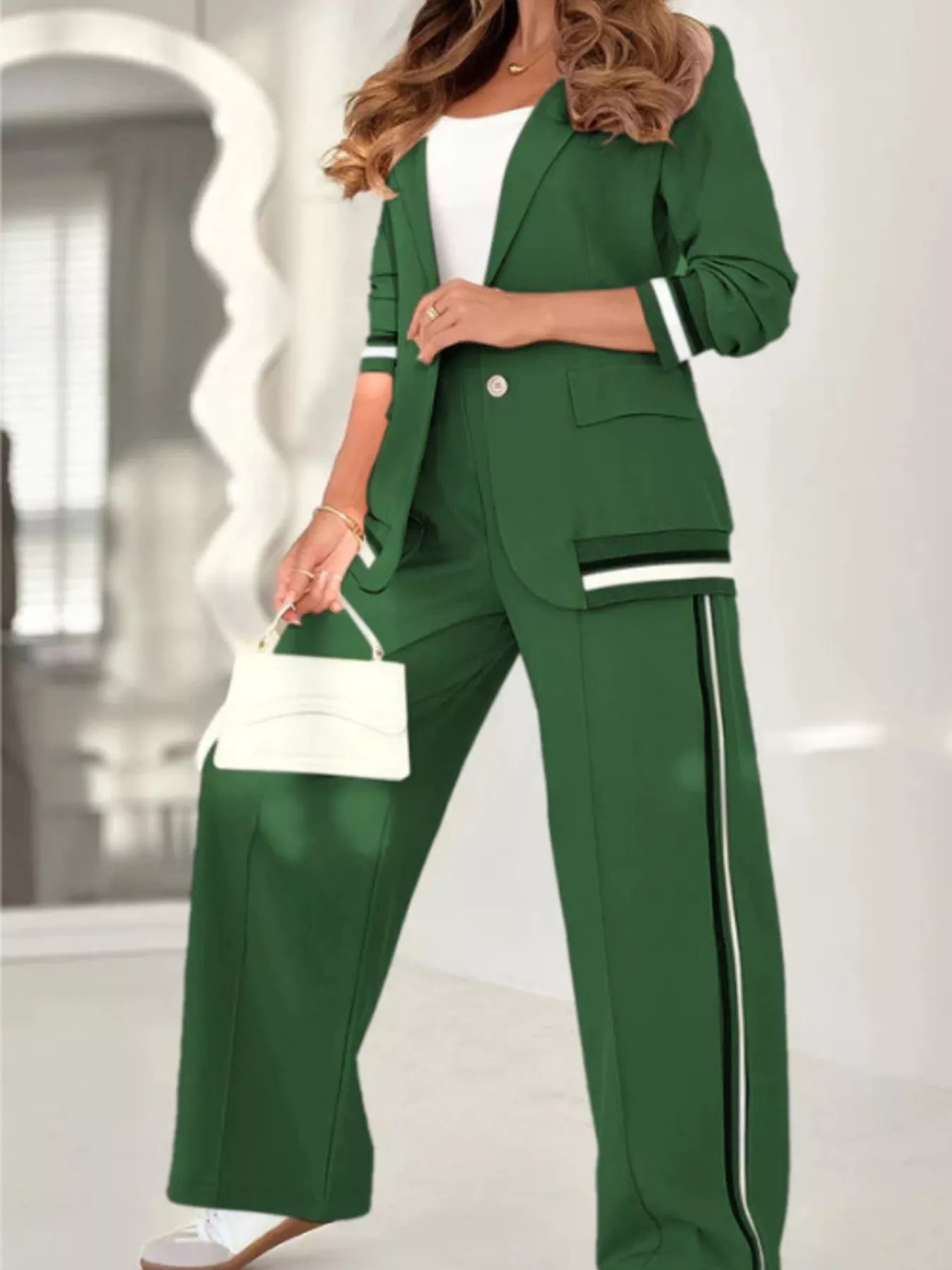 Full Size Striped Trim Button Down Jacket and Pants Set Plus Size Army Green
