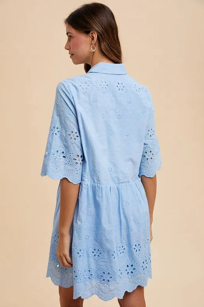 Annie Wear Embroidered Scallop Edge Detail Mini Shirt Dress