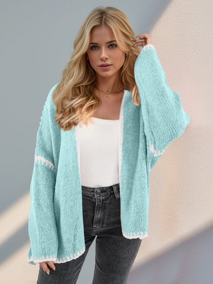 Back To School Sweater - Double Take Contrast Open Front Dropped Shoulder Cardigan
