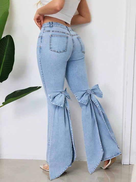 Bow-Accented Flare Leg Jeans Blue