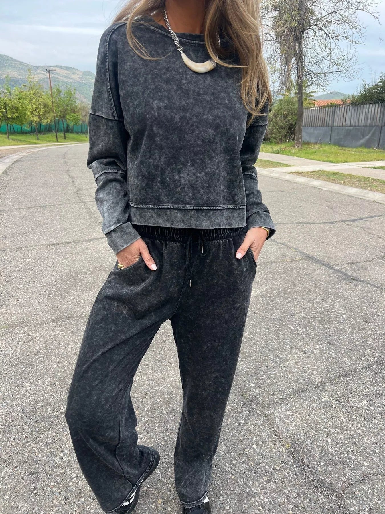 Full Size Washed Round Neck Top and Drawstring Pants Set Plus Size Black