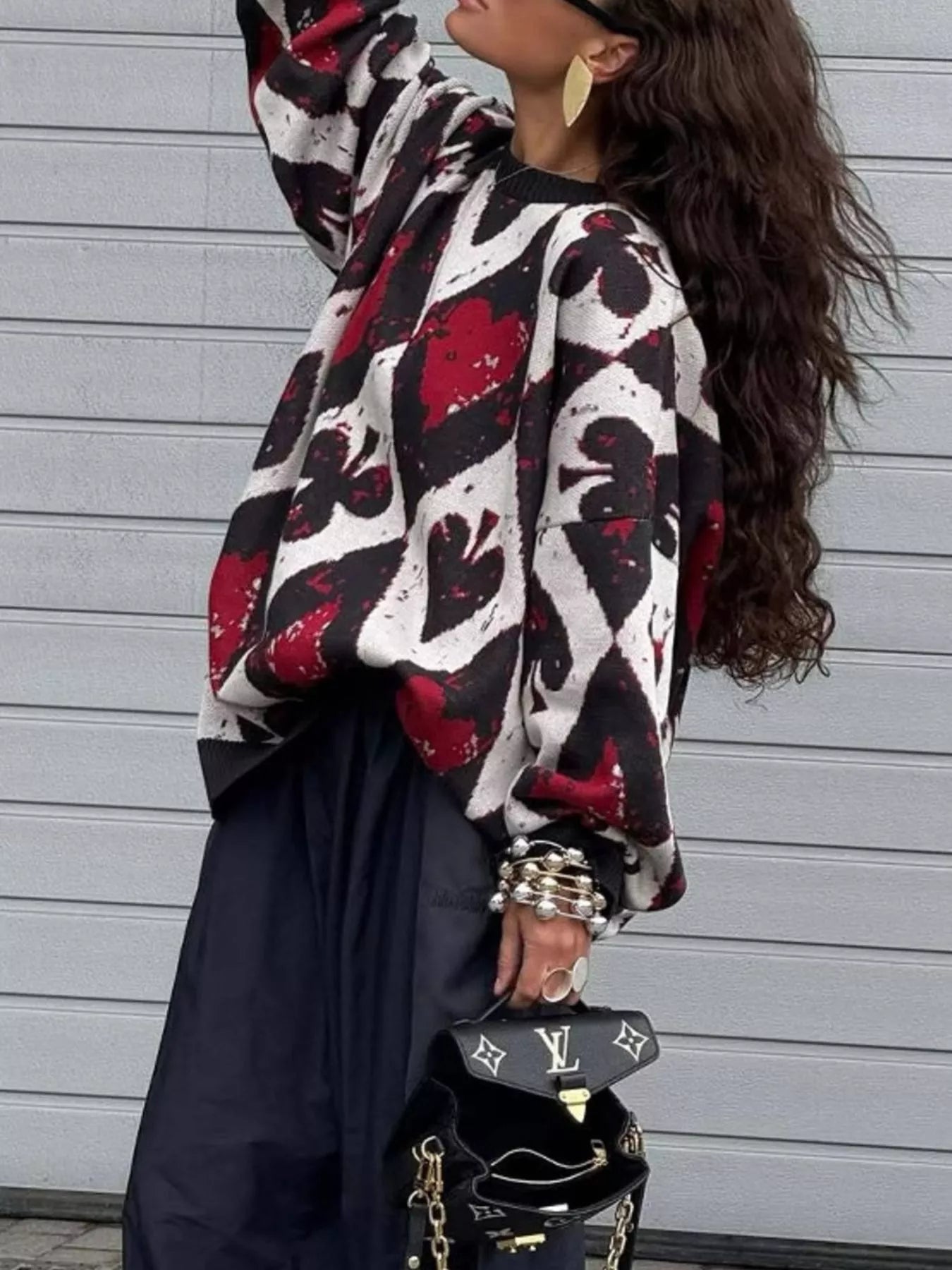 Contrast Diamond Round Neck Long Sleeve Sweater