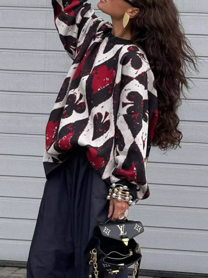 Contrast Diamond Round Neck Long Sleeve Sweater