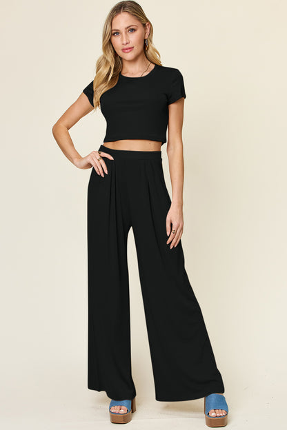 Slightly Stretchy Round Neck Top & Pants Set Black