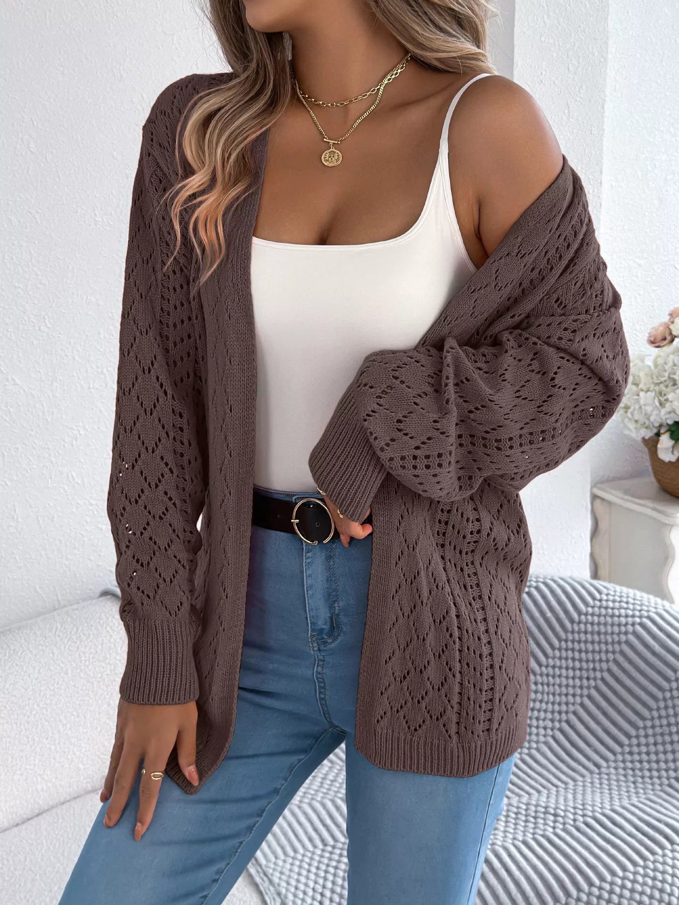 Openwork Open-Front Long Sleeve Cardigan