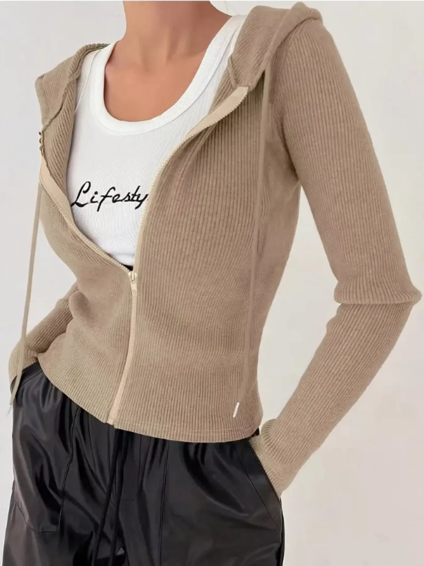 Ribbed Knit Zip-Up Hooded Cardigan Beige