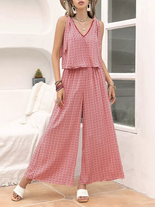 Gingham Tie Shoulder Top and Pants Set Scarlet