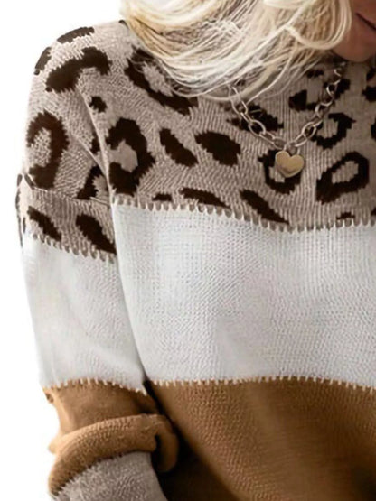 Full Size Leopard Color Block Long Sleeve Sweater Plus Size