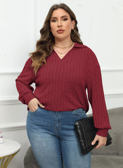 Plus Size Ribbed Knit Polo Collar T-Shirt Burgundy