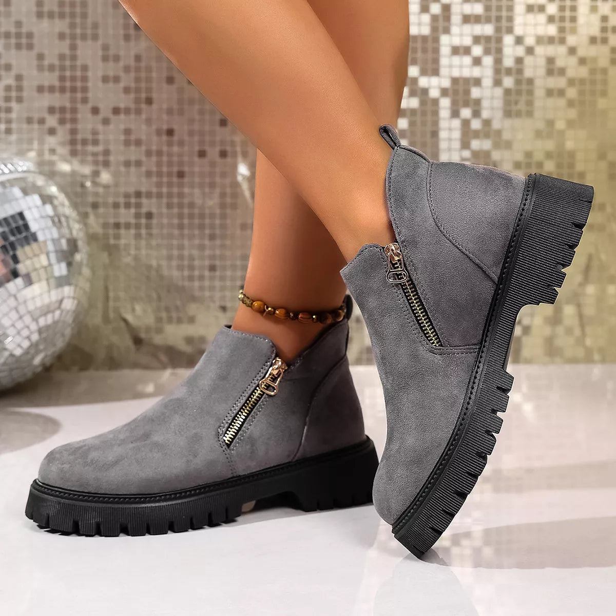 Round Toe Side Zip Ankle Boots
