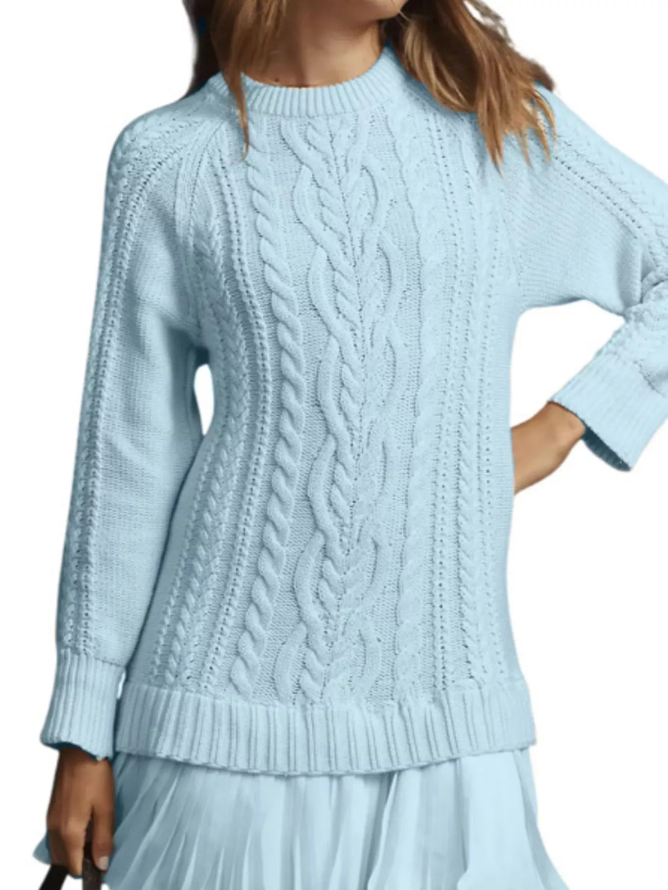 Full Size Cable-Knit Mini Sweater Dress Plus Size Sky Blue