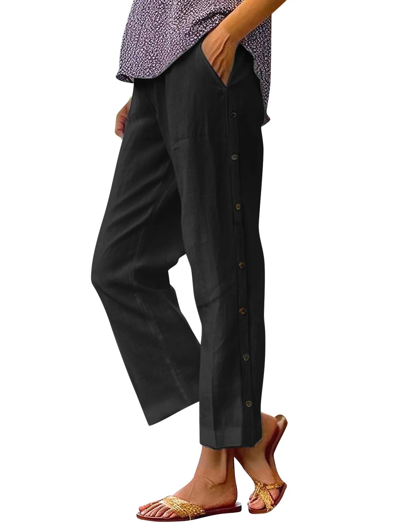 Full Size Side Decor Button Casual Wide Leg Pants Plus Size