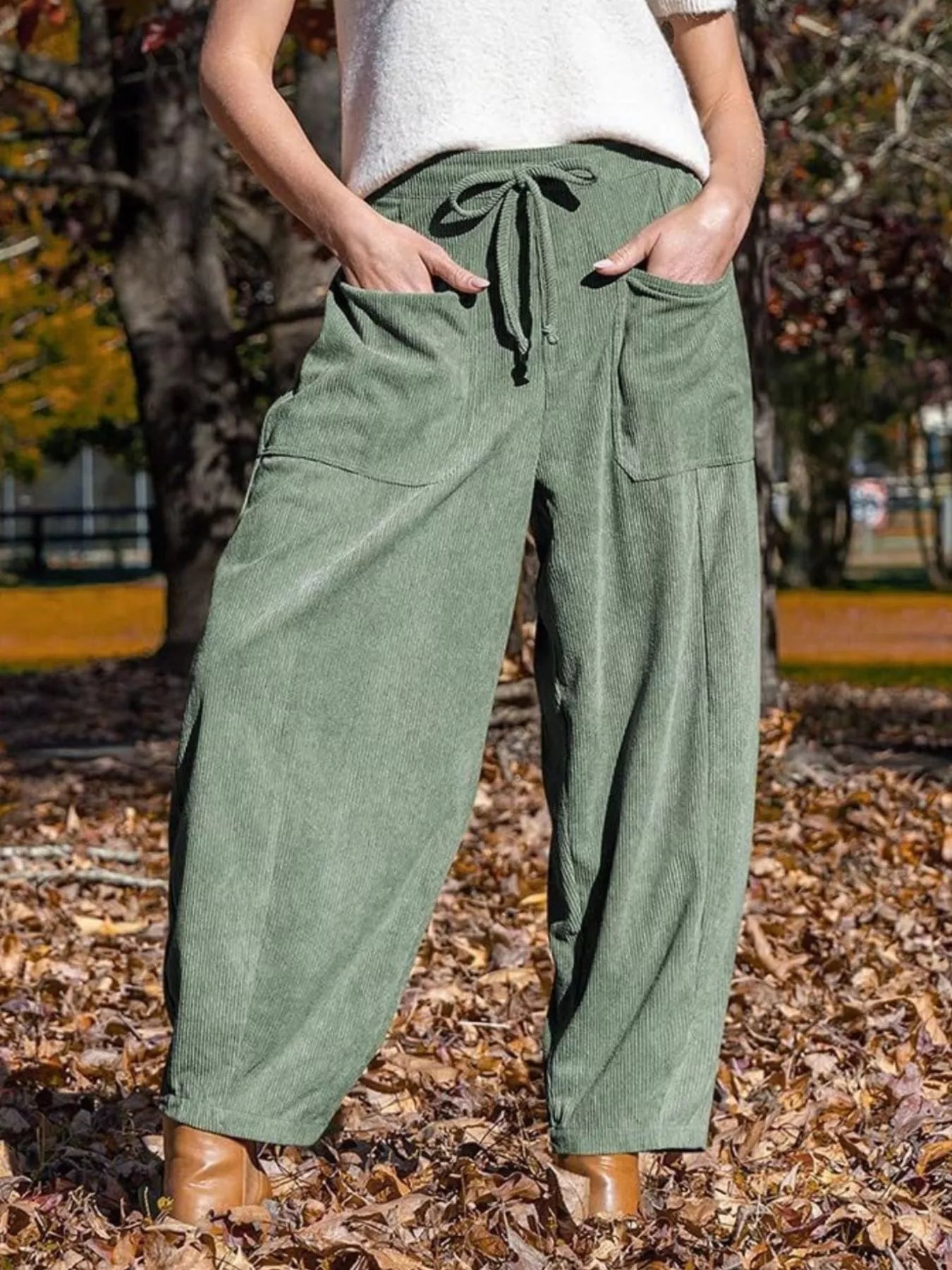 Casual Corduroy Wide Leg Pants with Pockets Sage