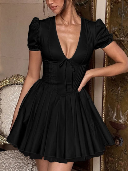 V-Neck Short Sleeve Mini Dress Black