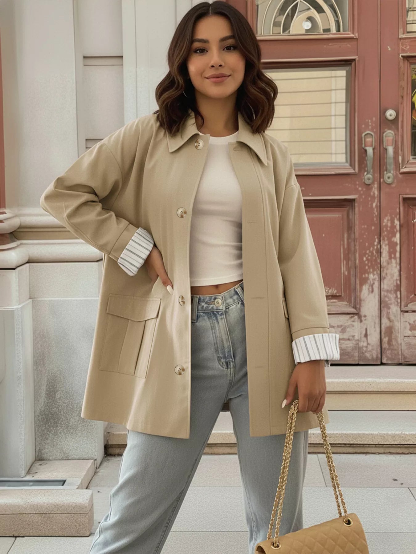 Relaxed Fit Button Up Shacket Khaki