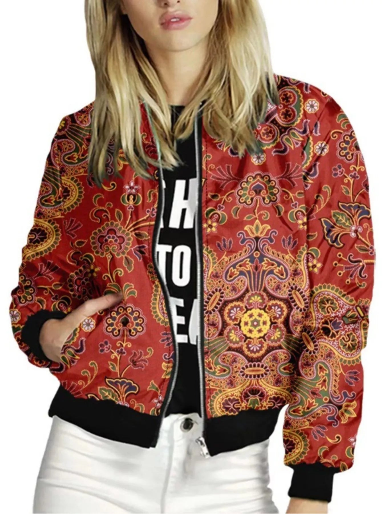 Zip Up Printed Jacket Red