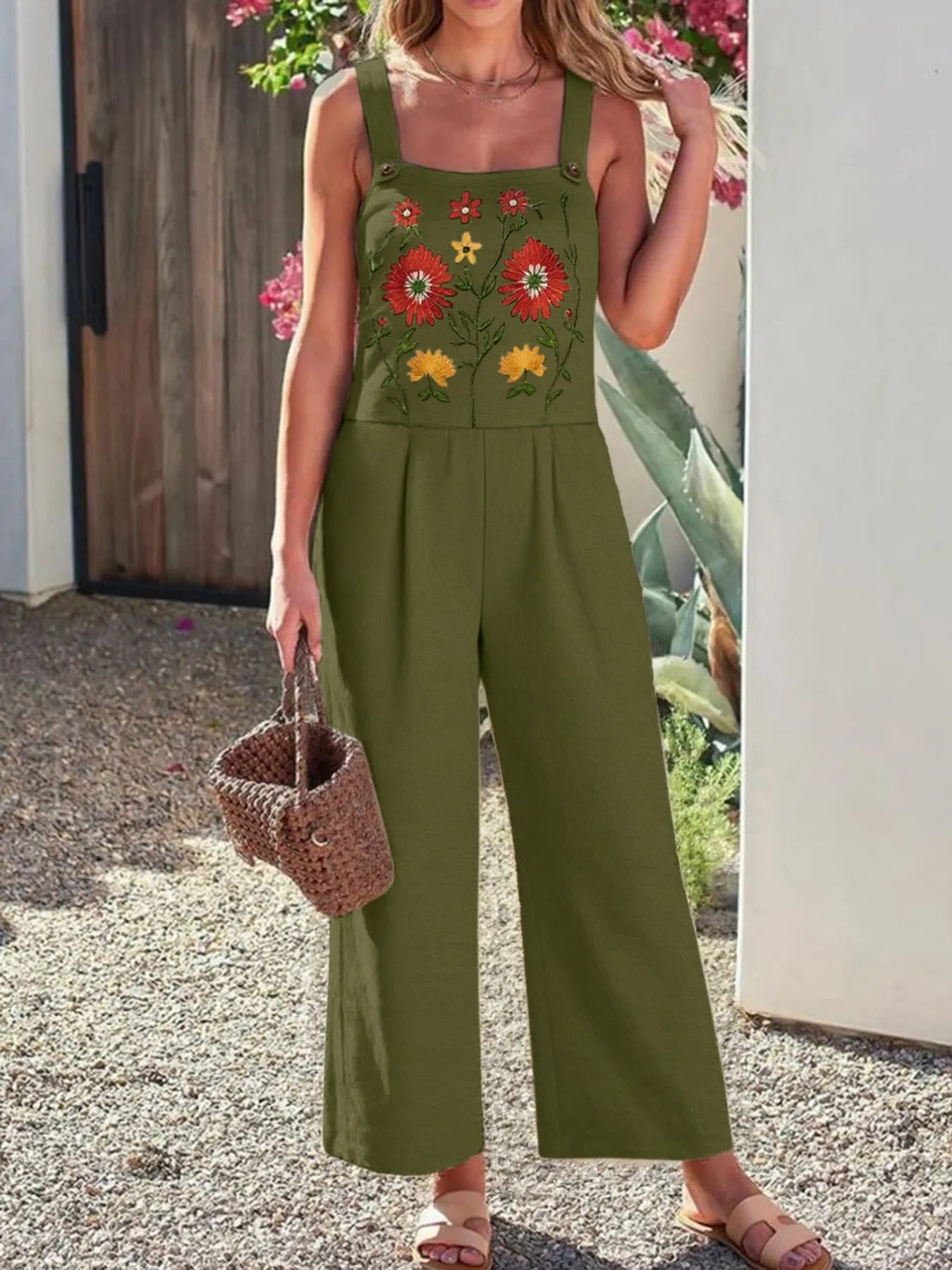 Floral Embroidered Wide Leg Jumpsuit Army Green