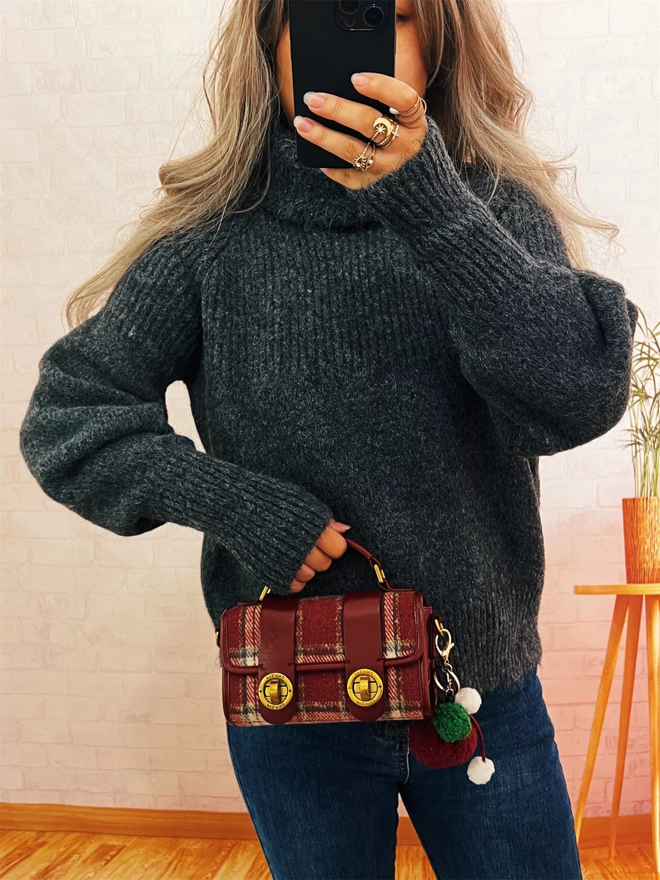 Ribbed Turtleneck Long Sleeve Sweater Dark Gray One Size