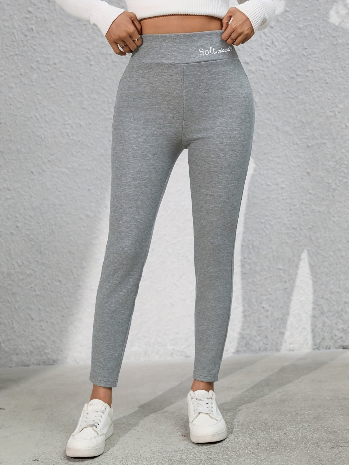Full Size Letter Embroidered High Waist Leggings Gray