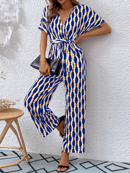 Printed Surplice Tie Waist Short Sleeve Jumpsuit