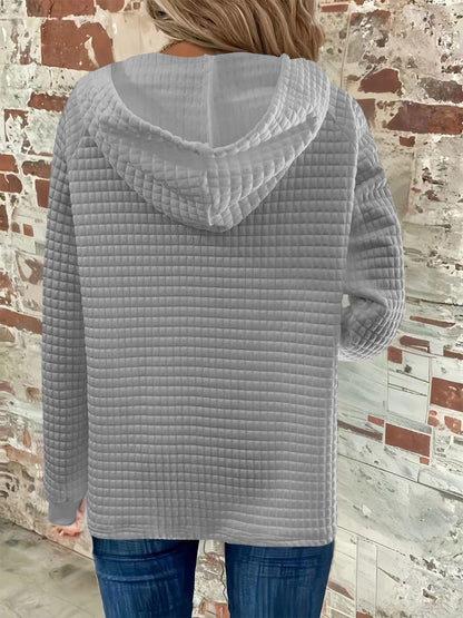 Full Size Texture Button Detail Drawstring Long Sleeve Hoodie Light Gray