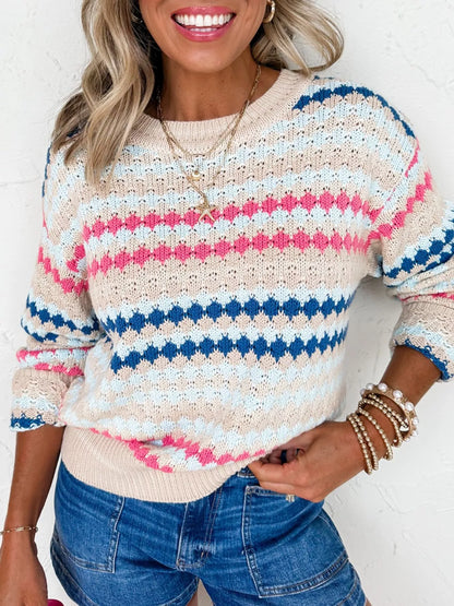 Stripe Eyelet Patterned Drop Shoulder Sweater