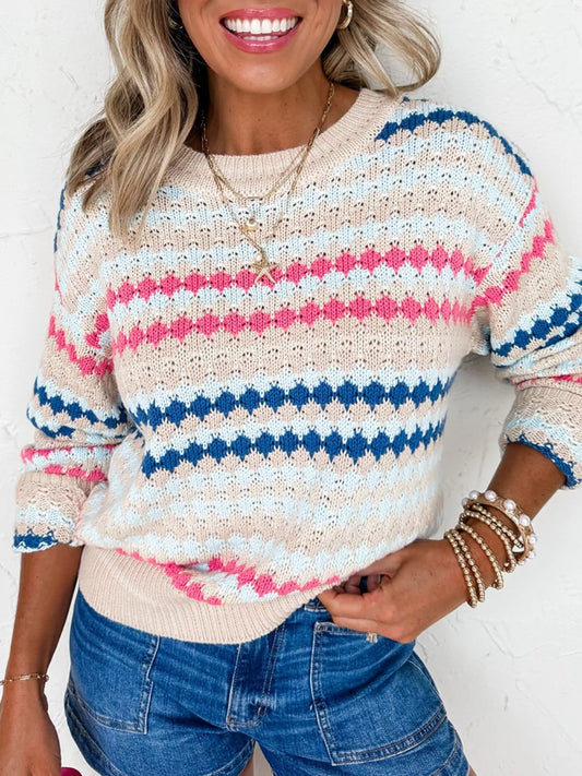 Stripe Eyelet Patterned Drop Shoulder Sweater