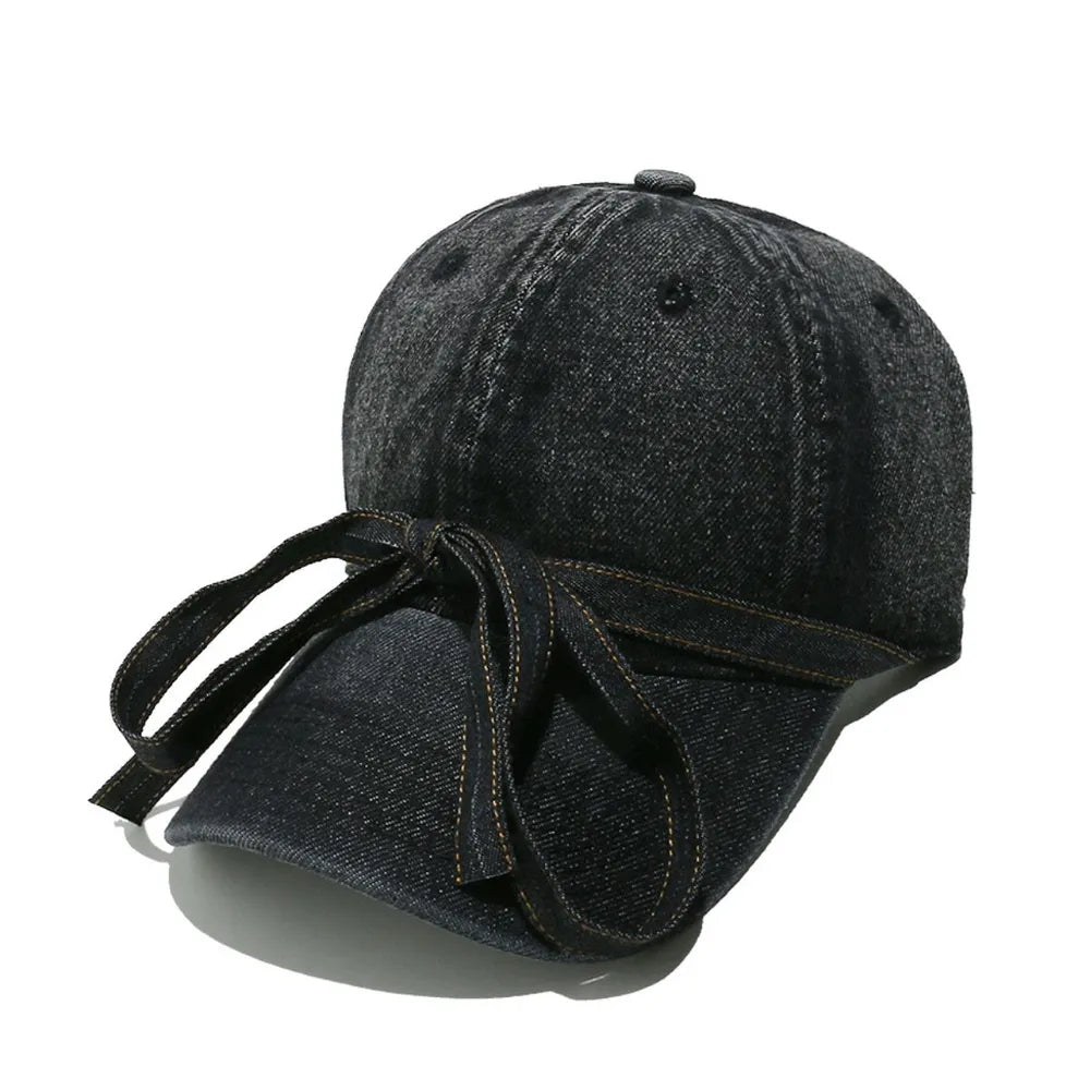 Washed Bow Denim Baseball Cap Black One Size
