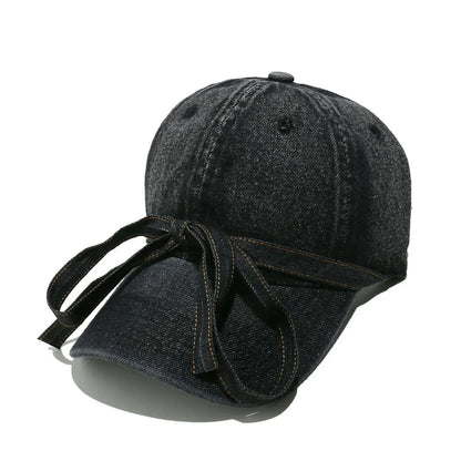 Washed Bow Denim Baseball Cap Black One Size