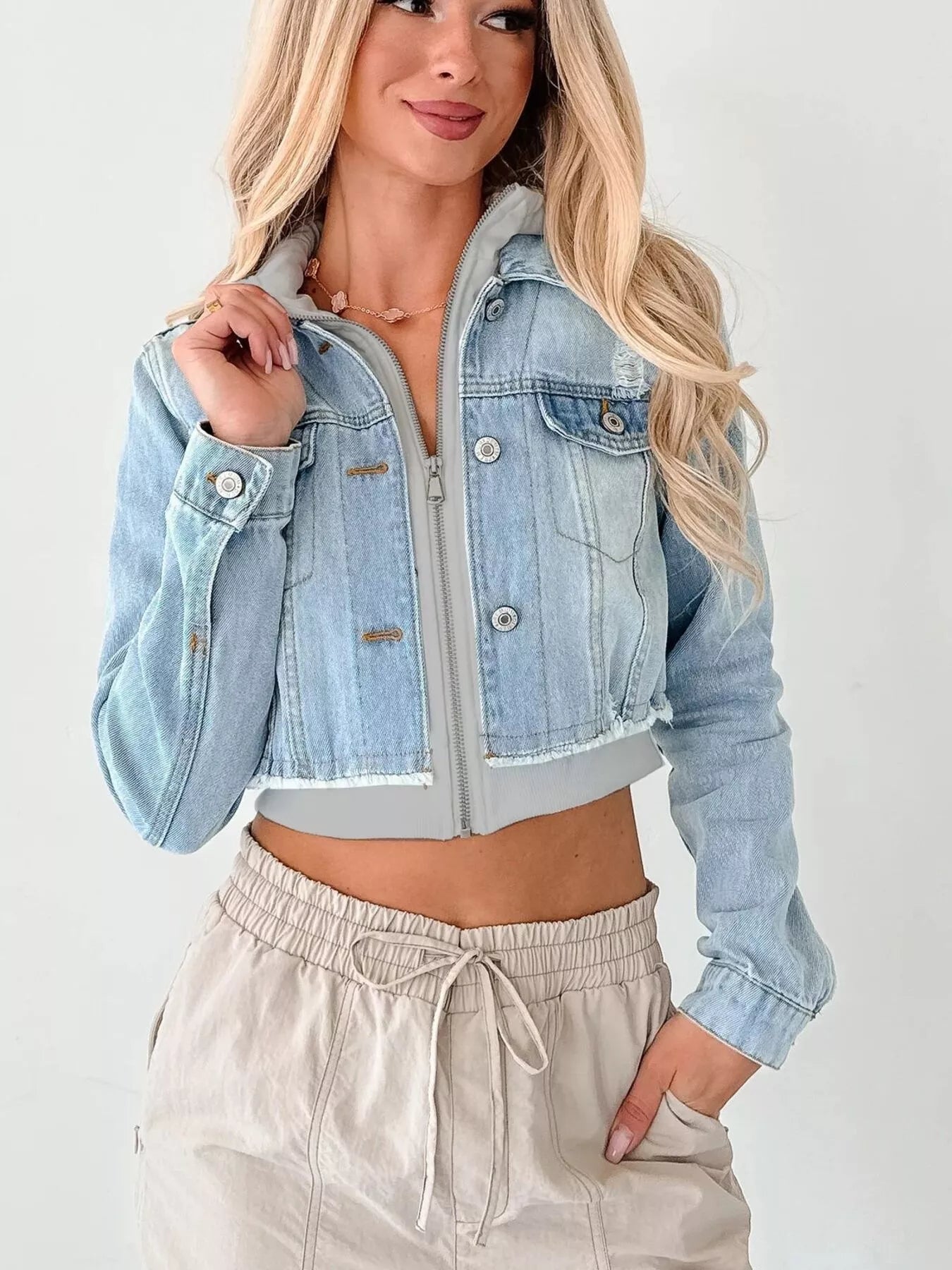 Distressed Zip Up Cropped Hooded Denim Jacket Light Blue Gray