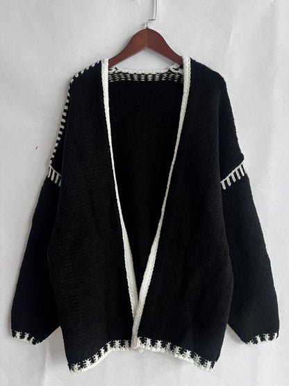 Back To School Sweater - Double Take Contrast Open Front Dropped Shoulder Cardigan