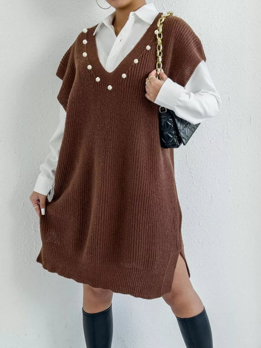 Slit V-Neck Sweater Dress Brown One Size