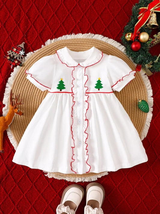 Children's Christmas Tree Embroidered Ruffle Trim Dress White