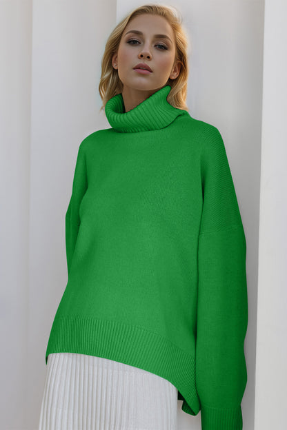 Back To School Sweater - Basic Bae Turtleneck Dropped Shoulder Long Sleeve Sweater Green One Size