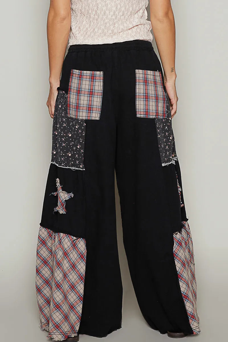 POL Drawstring Star Patch Contrast Wide Leg Pants