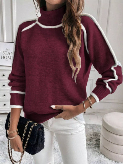 Full Size Turtleneck Contrast Trim Sweater Plus Size Burgundy