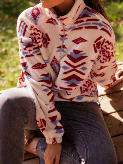 Geometric Pattern Fleece Sweatshirt Burnt Coral