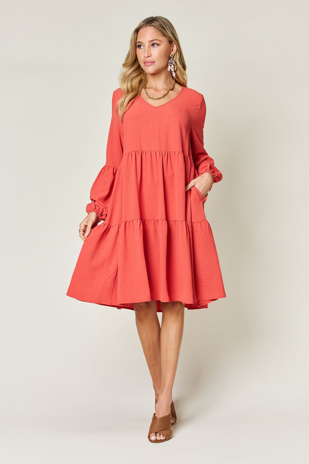 V-Neck Balloon Sleeve Tiered Boho Midi Dress