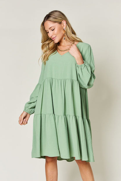 V-Neck Balloon Sleeve Tiered Boho Midi Dress Gum Leaf