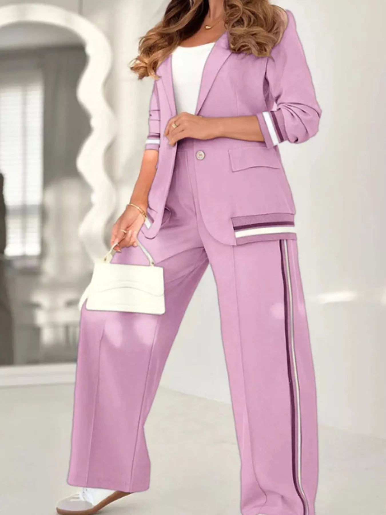 Full Size Striped Trim Button Down Jacket and Pants Set Plus Size Pink