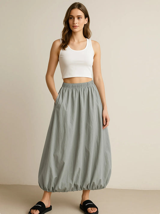 Elastic Waist Bubble Hem Maxi Skirt Light Green One Size