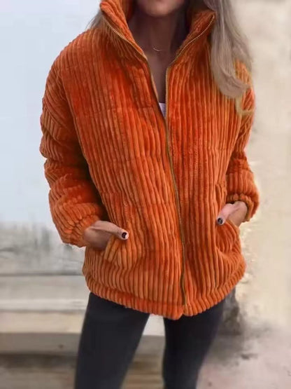 Full Size Zip Up Turtleneck Long Sleeve Winter Coat Plus Size Orange-red