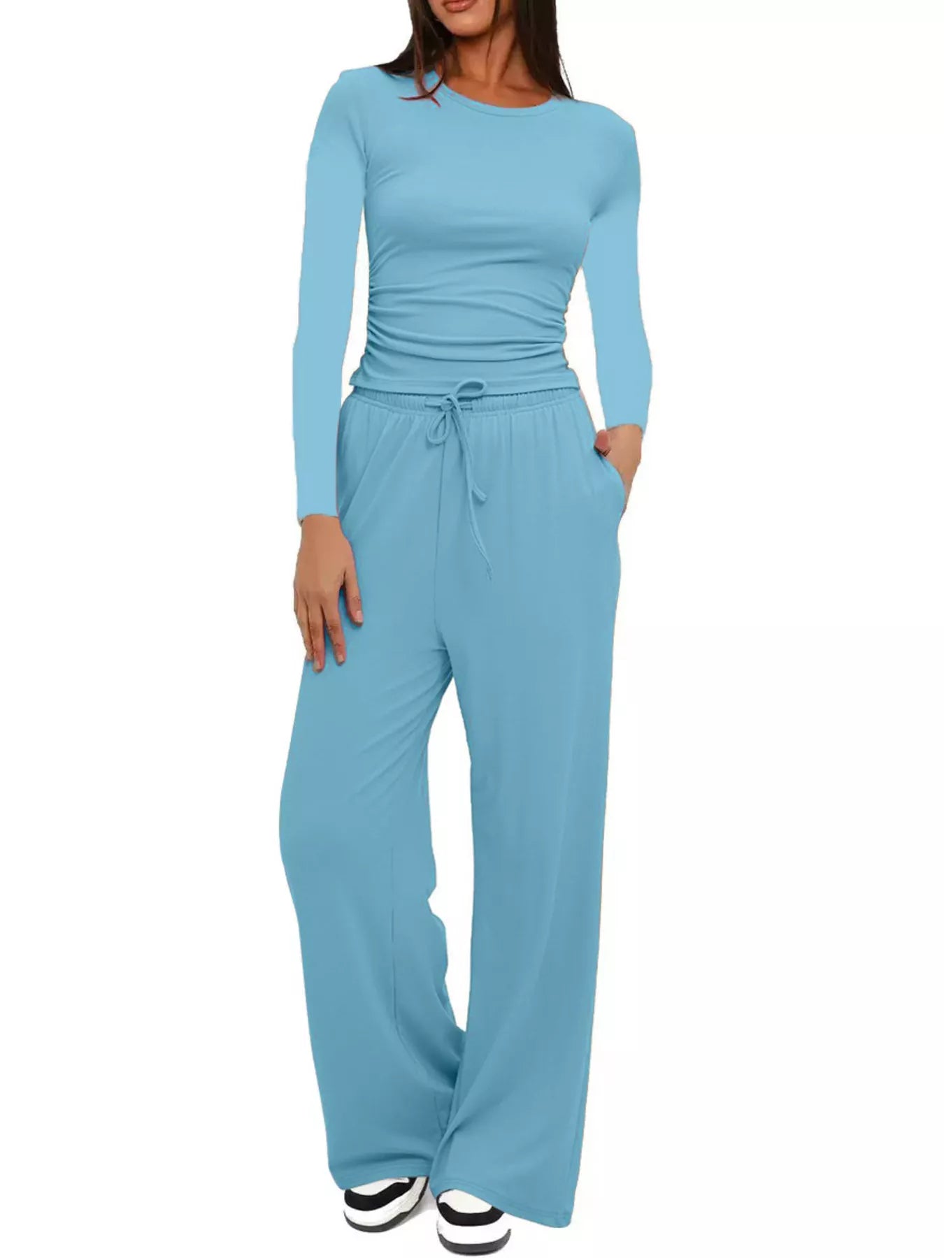 Full Size Casual Long Sleeve Top and Pants Set Plus Size Blue