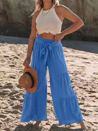Tied Ruched Wide Leg Pants Sky Blue